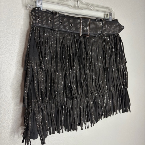 Nylon Apparel Rhinestone Multilayered Tassel Belted Mini Skirt Small Black New - Picture 2 of 8